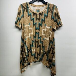 Double D Ranch Aztec Print Asymmetrical Hem Top size XS